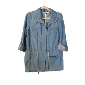 Chicos Denim Shacket Womens 0 Small Drawstring Waist Collar Roll Tab Sleeve Blue